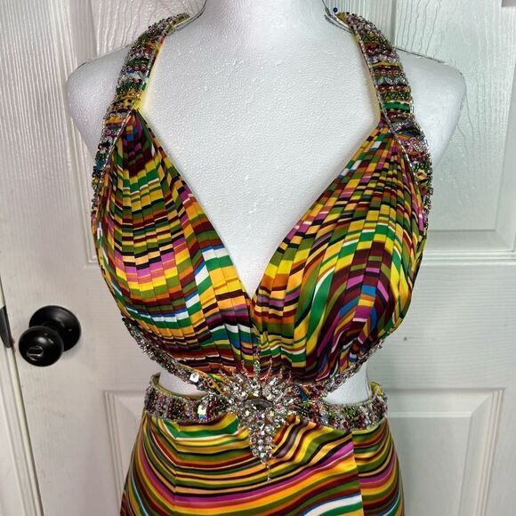 Camille La Vie Multicolor Plunge Neckline Cocktail Prom Long Train Dress Sz 4 - Picture 4 of 16